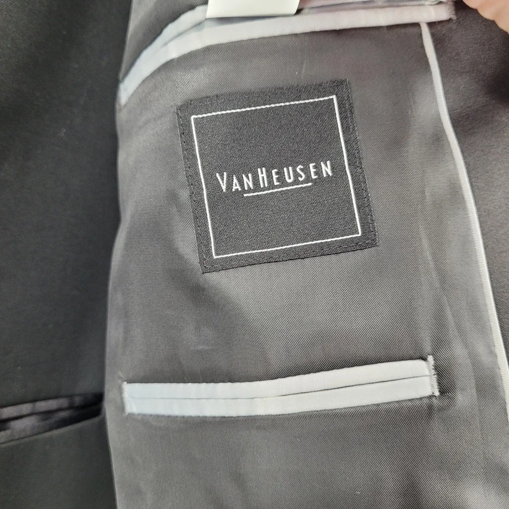 Van Heusen Mens 44L Formal Black Tuxedo Jacket Vest Set Satin Trim Wedding Prom
